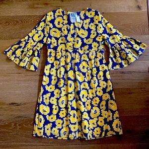 Brand-new cotton blue and yellow floral dress with bell sleeves